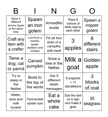 Minecraft Bingo Card
