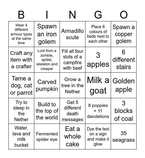 Minecraft Bingo Card