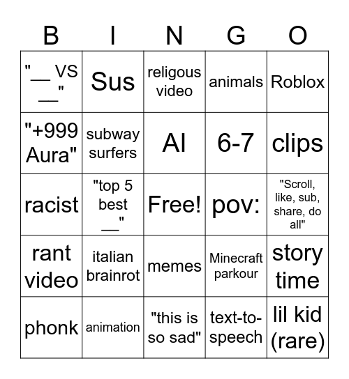 Youtube short bingo Card