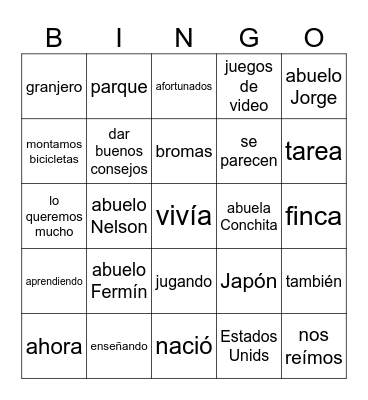 Abuelos Bingo Card