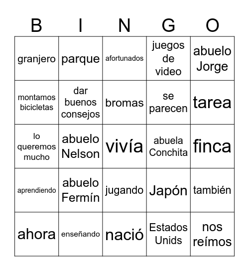 Abuelos Bingo Card