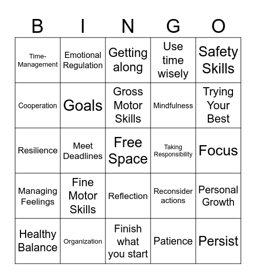 Self-Management Bingo Card