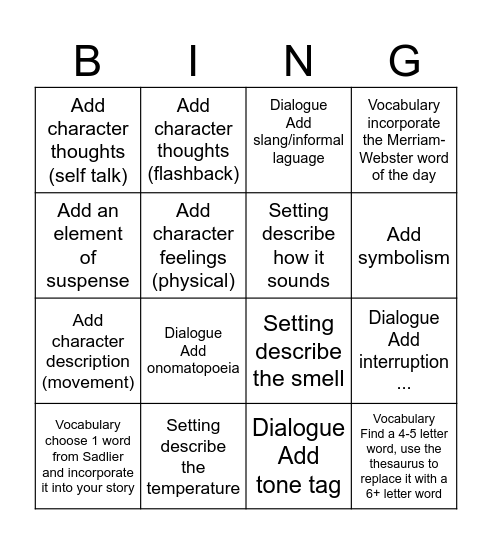 Literary Elements Bingo Card