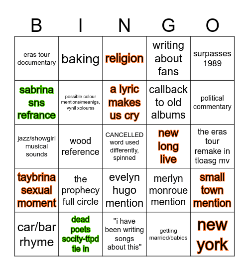 The life of a Showgirl Bingo Card