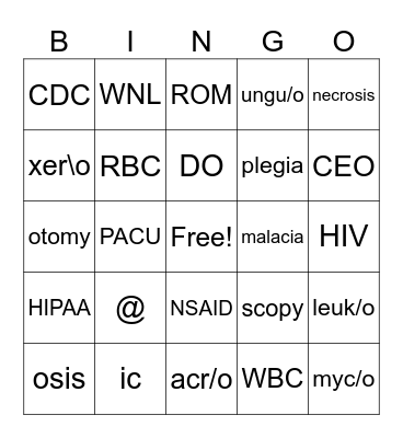 medical terms Bingo Card