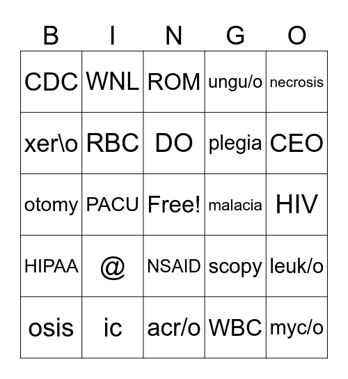 medical terms Bingo Card