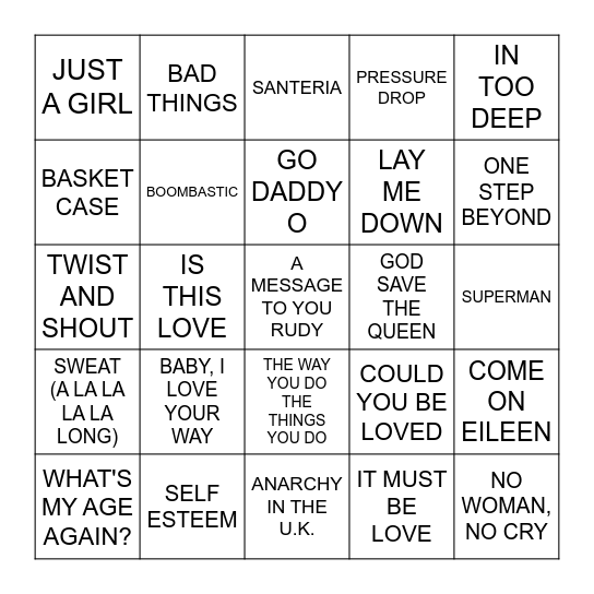 SKA/REGGAE/PUNK Bingo Card