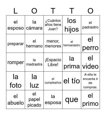 Realidades 1 Capítulo 5A Bingo Card