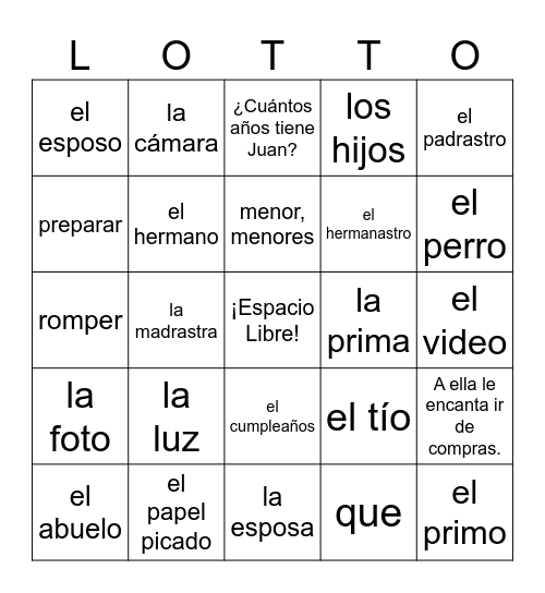 Realidades 1 Capítulo 5A Bingo Card