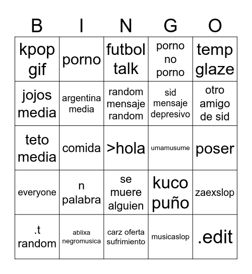 cosas diarias Bingo Card