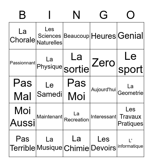 Vive L'ecole! Bingo Card