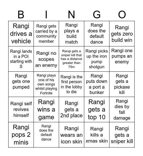 Rangi's Fortnite Bingo Card