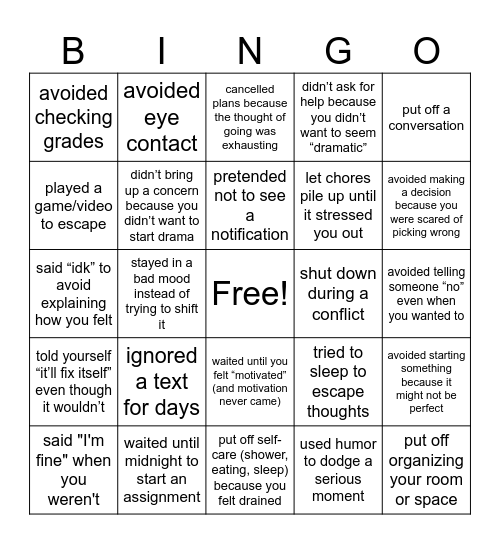 Avoidance Bingo Card