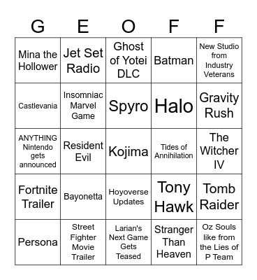 The Game Awards 2025 Bingo Card
