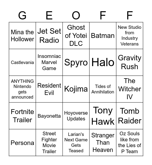 The Game Awards 2025 Bingo Card