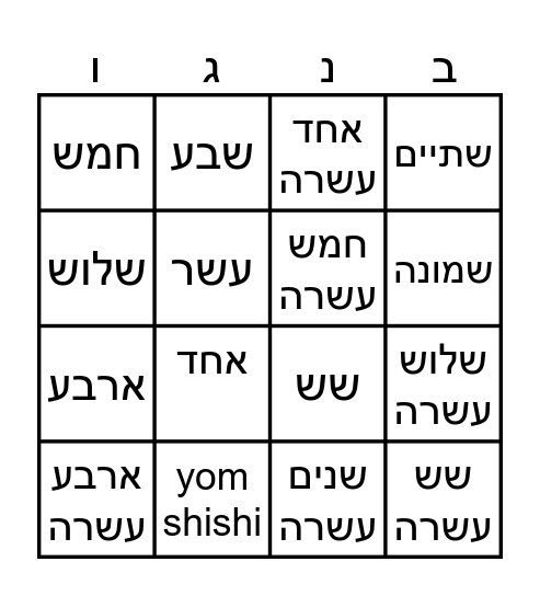 Hebrew Numbers Bingo Card