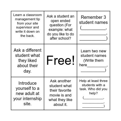 Peer Resources Internship Bingo!!! Bingo Card