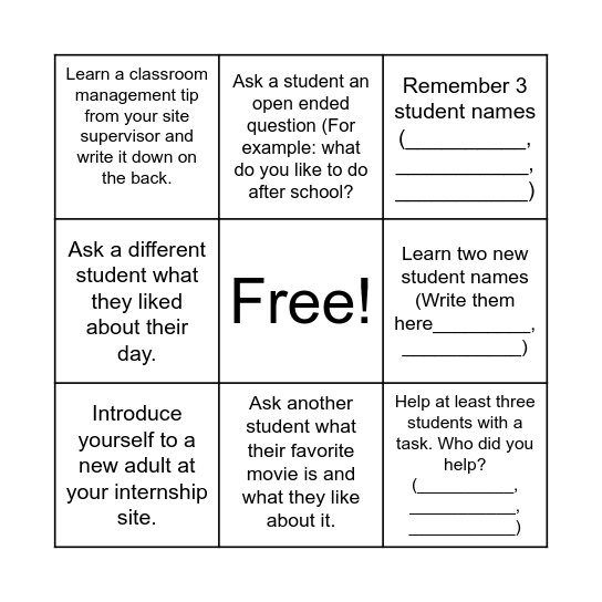 Peer Resources Internship Bingo!!! Bingo Card