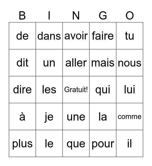 Bingo Mots fréquents (1er cycle) Bingo Card