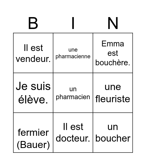 Métiers Bingo Card