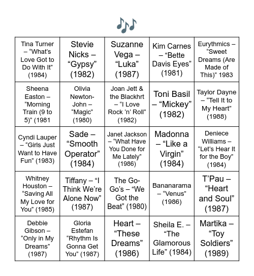 80'S LADIES Bingo Card