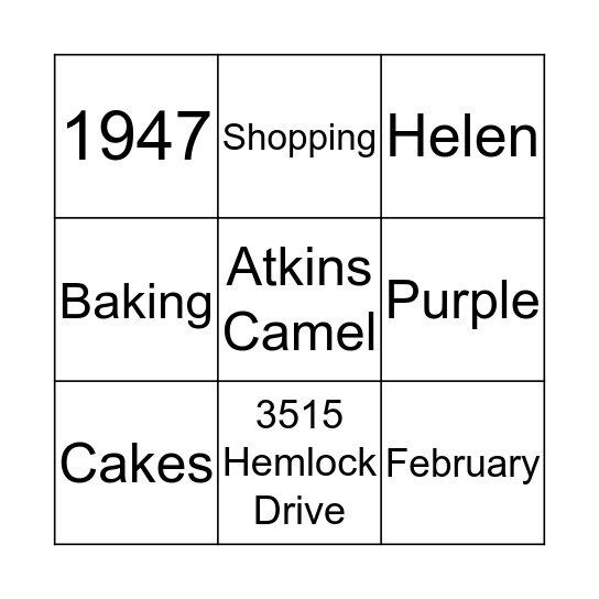 Helen's 70th Bingo Card