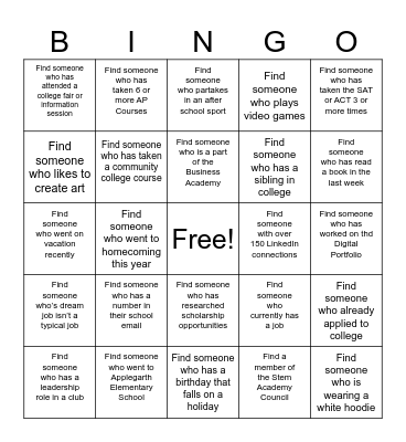 Honors Academy BINGO Card
