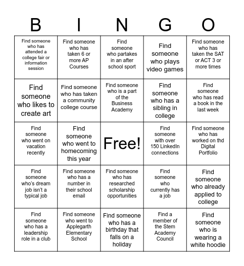 Honors Academy BINGO Card