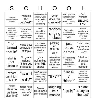 Middle School Bingo Card