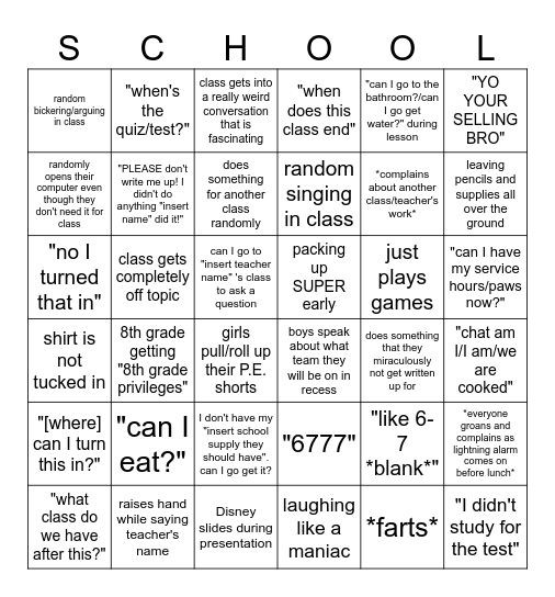 Middle School Bingo Card