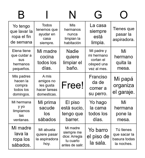 La Casa y Tareas Domésticas Bingo Card