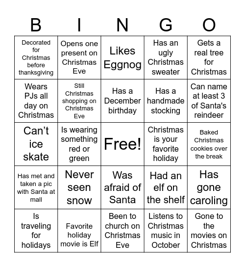 Holiday Bingo Card