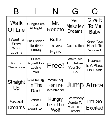 80's Hits Bingo Card