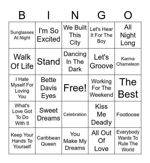 80's Hits Bingo Card