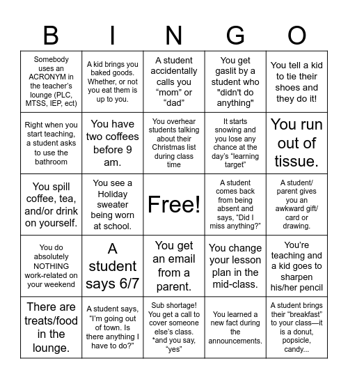 Teaching During the Holidays Bingo Board Bingo Card