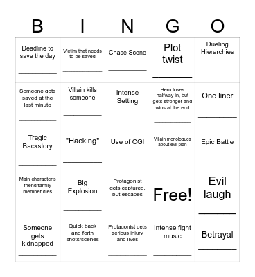 Action Movie Bingo Card
