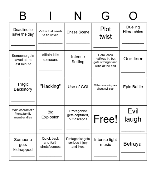 Action Movie Bingo Card