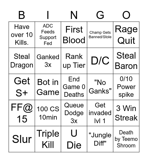 League Bingo! Bingo Card