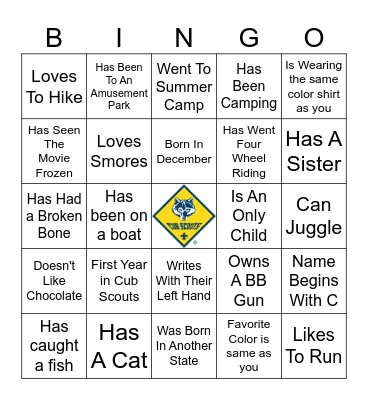 Scout "Get to know you" Bingo Card