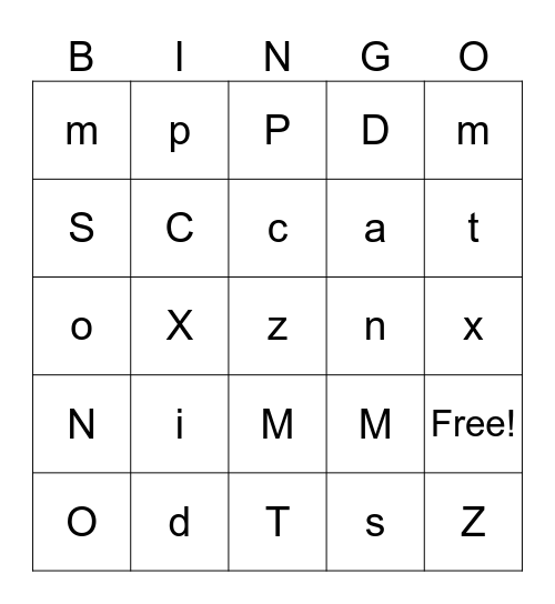 Kindergarten Bingo Card