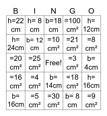 Triangle Area Bingo Card