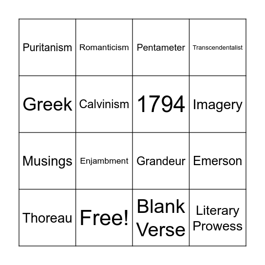 Thanatopsis Bingo Card