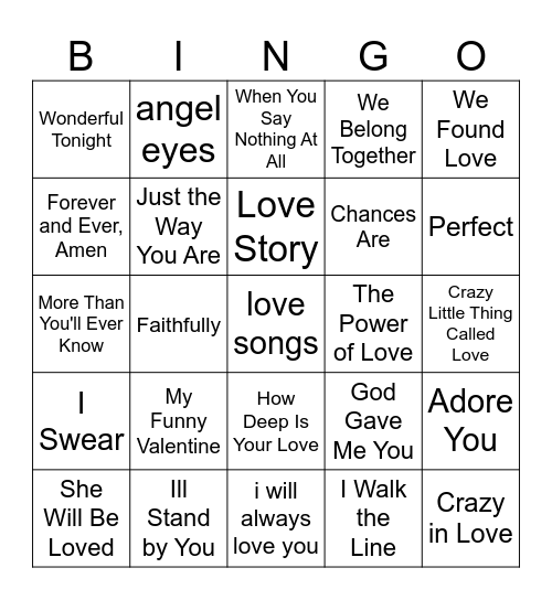 love songs Bingo Card