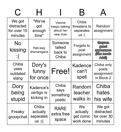 English 30-1 Chiba Class Bingo Card