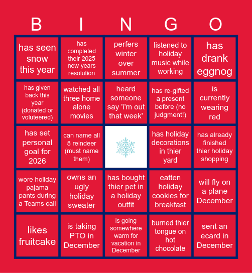 Virtual Holiday Bingo Card