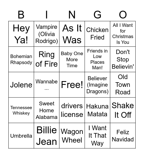Music Bingo Card