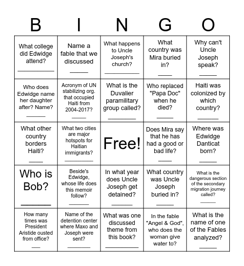 Danticat Bingo Card