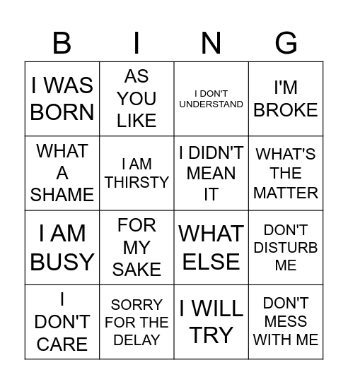 EXPRESSIONS Bingo Card