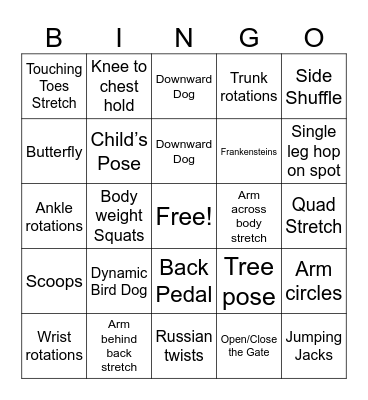 Functional movement skills Bingo Card