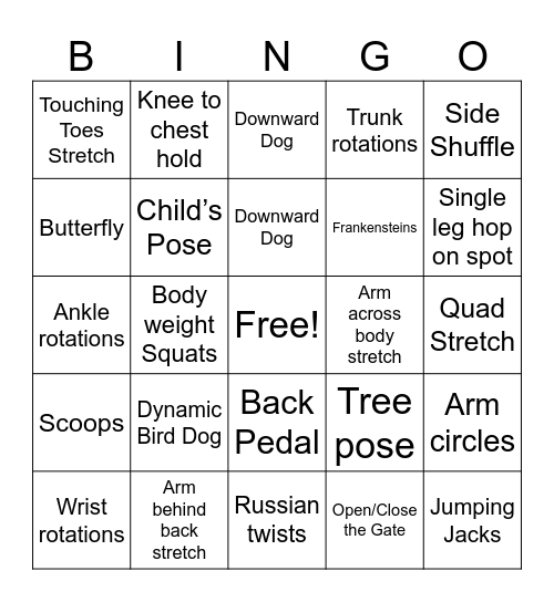 Functional movement skills Bingo Card